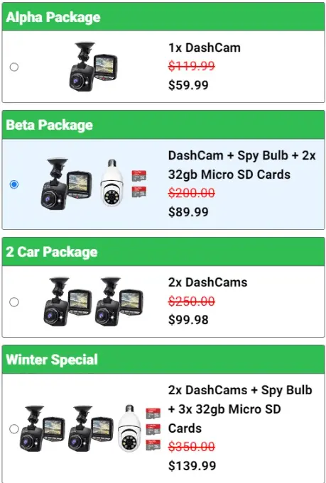 Dashcam price chart